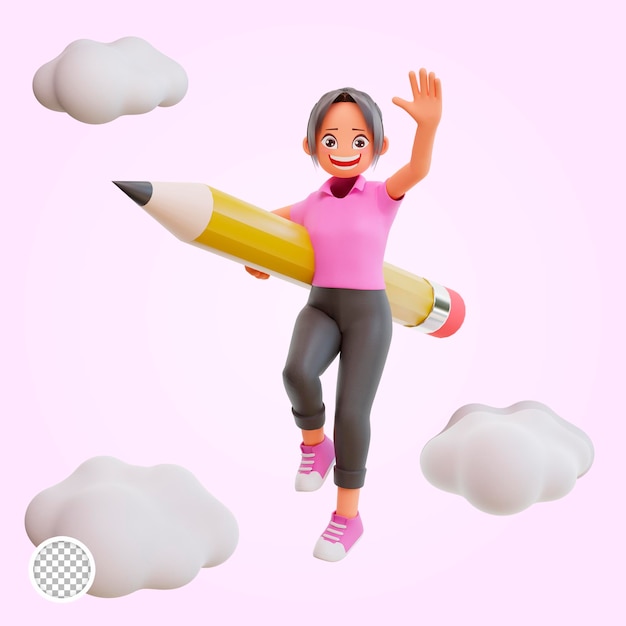 ilustração 3D linda garota segurando o lápis