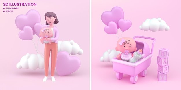 Ilustração 3D Mãe e Conceito de Cuidados com o Bebê