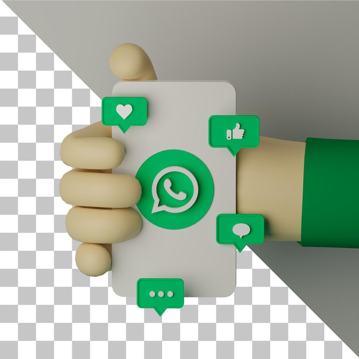 Ilustração 3D mão segurando um telefone celular com o logotipo do Whatsapp renderizado de fundo