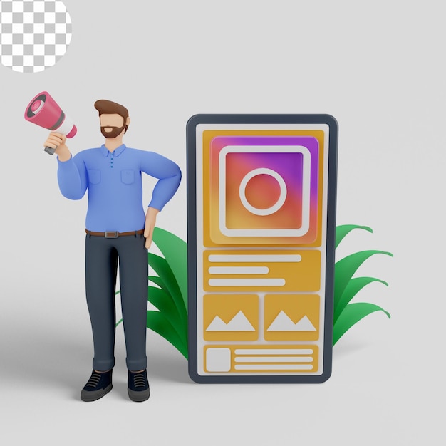 Ilustração 3d marketing de mídia social com anúncios instagram