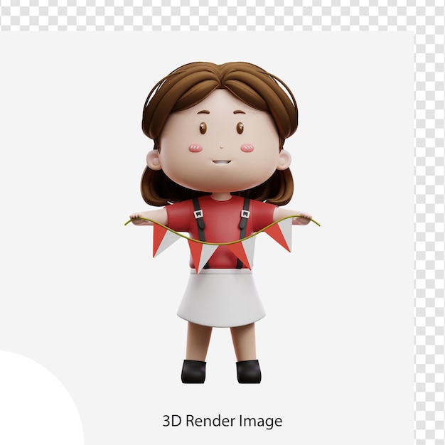 ilustração 3D Menina segurando bandeira indonésia Dia da independência da Indonésia