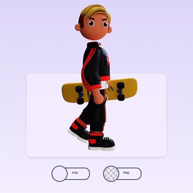 PSD ilustração 3d menino andando de skate