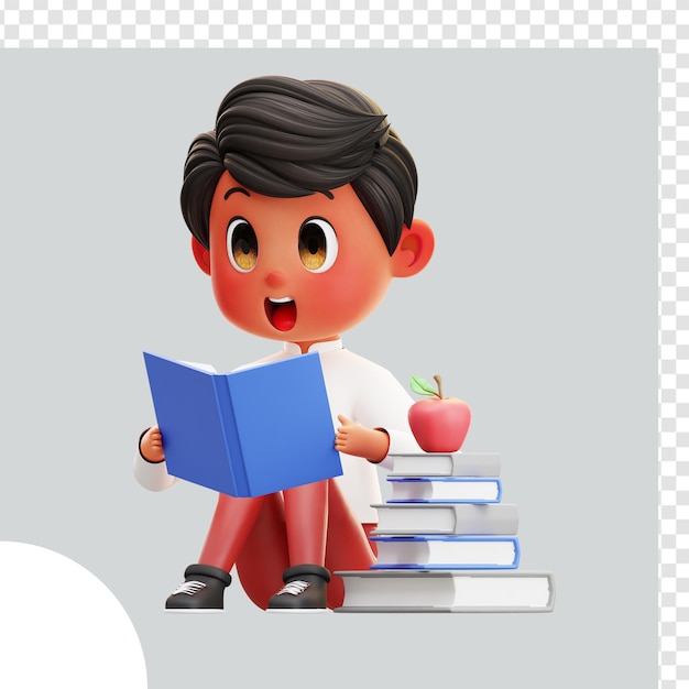 Ilustração 3D Menino Estudante Livro de Leitura