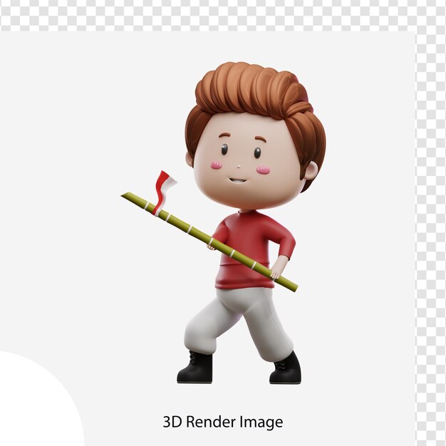 ilustração 3D menino segurando o dia da independência da Indonésia de bambu afiado
