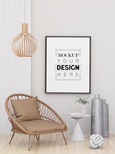 Ilustração 3D Mockup de moldura de foto na renderização da sala de estar