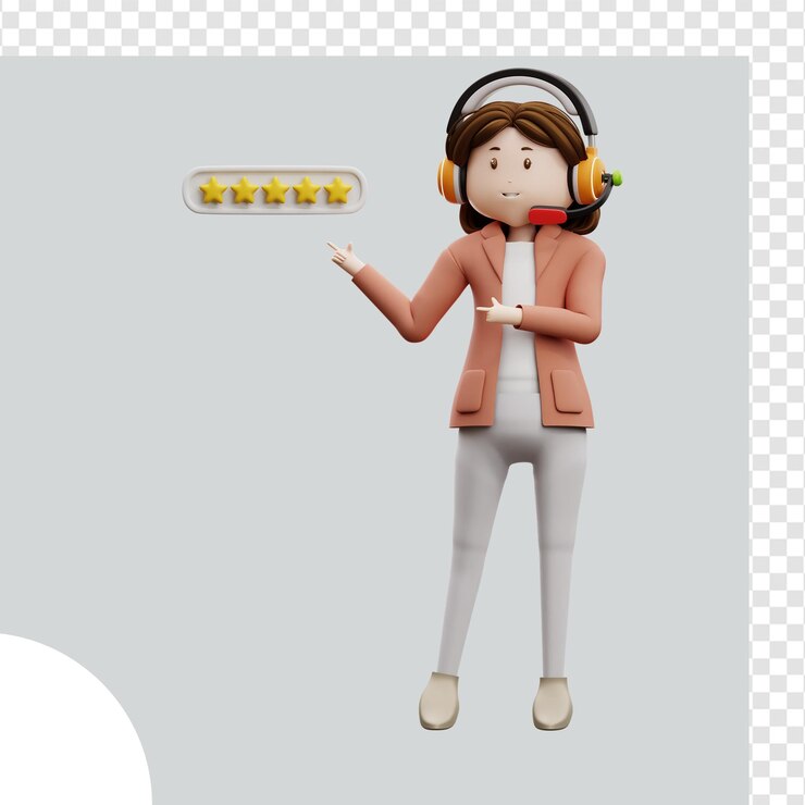 PSD ilustração 3d mulher serviço ao cliente revisão de cinco estrelas