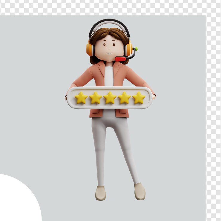 PSD ilustração 3d mulher serviço ao cliente revisão de cinco estrelas