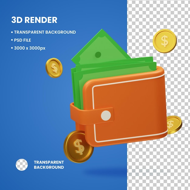 PSD ilustração 3d objeto carteira com moedas e dinheiro