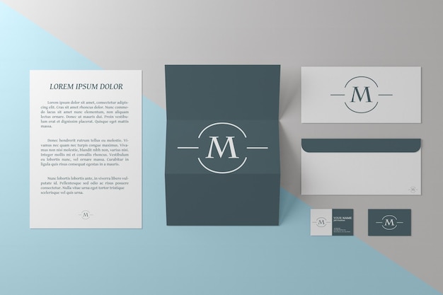 Ilustração 3D. Papel em branco, cartões de visita e envelope. Modelo de maquete para design de branding. Conceito de negócios.