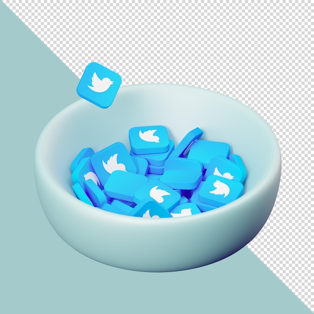 Ilustração 3d psd de ícones de pássaros do twitter de mídia social em uma tigela para página de destino ou mídia social