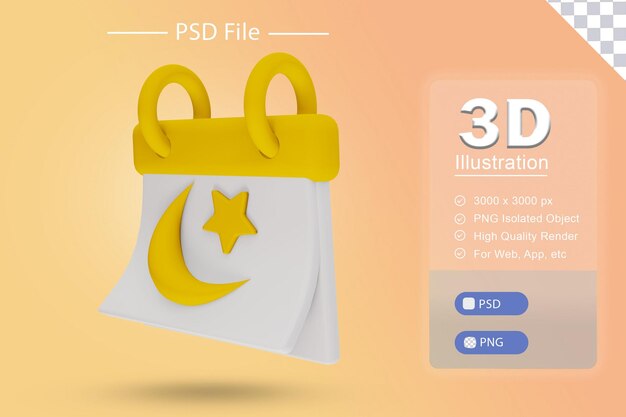 Ilustração 3d psd do ramadã islâmico com ícone de renderização de jejum de calendário no recorte isolado