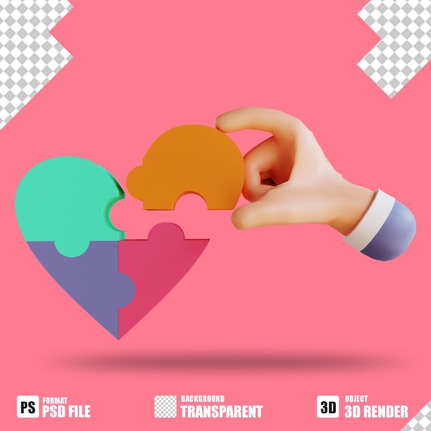 Ilustração 3D, quebra-cabeça de amor e mão adequada para o dia dos namorados