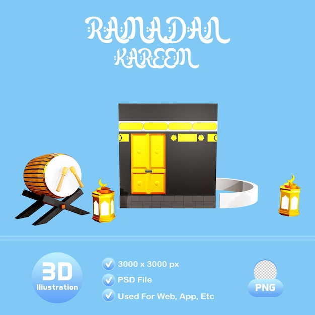 PSD ilustração 3d ramadan kareem com kaaba e beduq