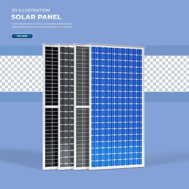 Ilustração 3d realista de 4 tipos de painéis solares