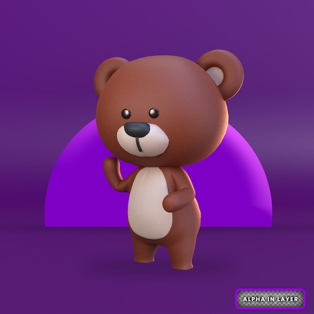 Ilustração 3D renderização fofa urso pardo em pé e levantando as mãos