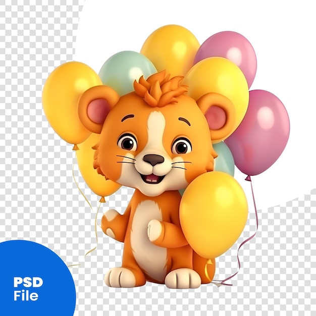 PSD ilustração 3d renderizada de personagem de desenho animado leão com balões e gravata psd