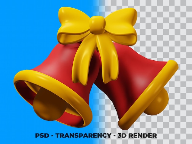 Ilustração 3d sino e fita de natal com transparência de fundo