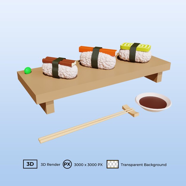 PSD ilustração 3d sushi misto de comida japonesa no prato