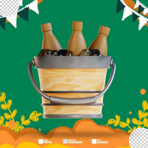 Ilustração 3d três garrafas de cerveja em um balde com alça 4