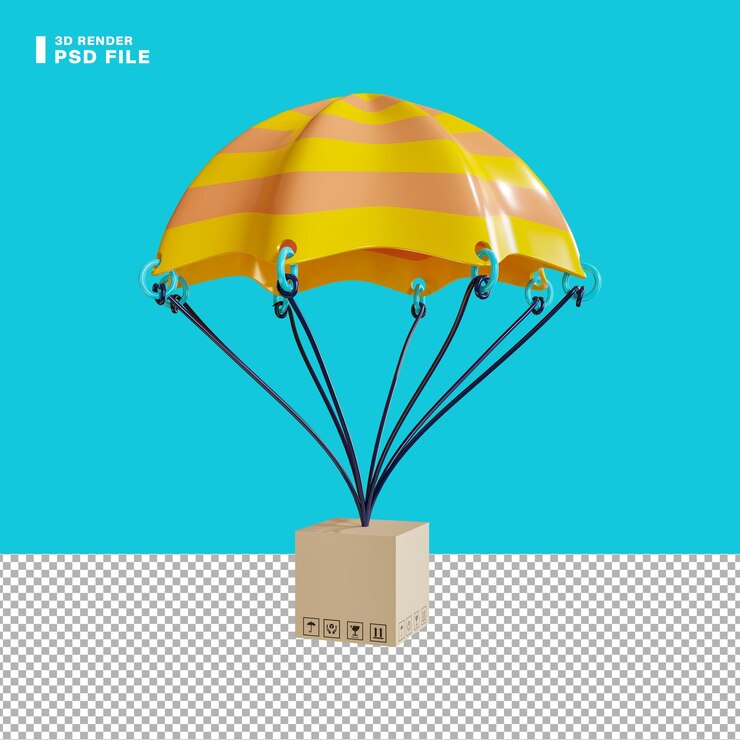 ilustração 3D voando de papelão com pára-quedas e nuvens
