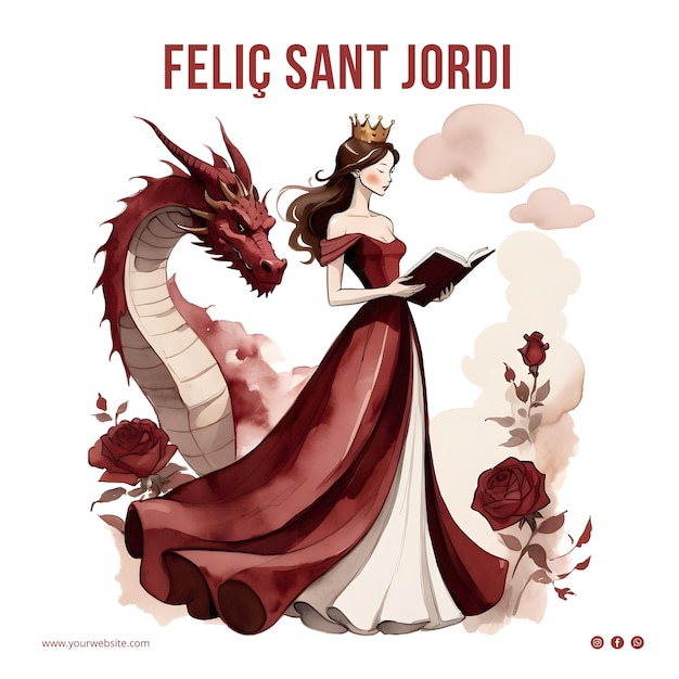 Ilustração a aquarela diada de sant jordi com livro de princesas dragões e rosas