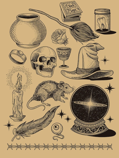 Ilustração antiga de feitiçaria e elementos ocultos