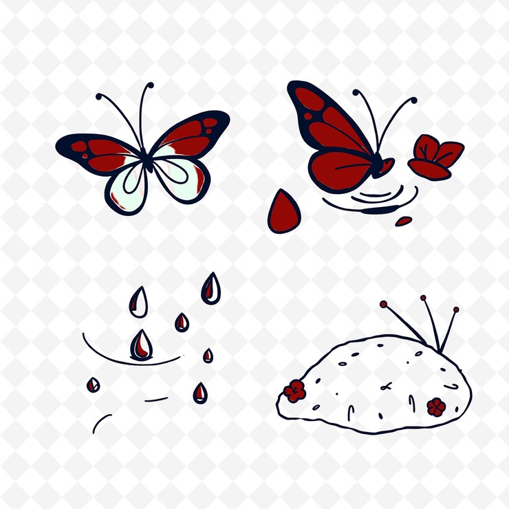 PSD ilustração asas de borboleta pétalas de flores gotas de água musgo macio deli coloração criativa natureza setc