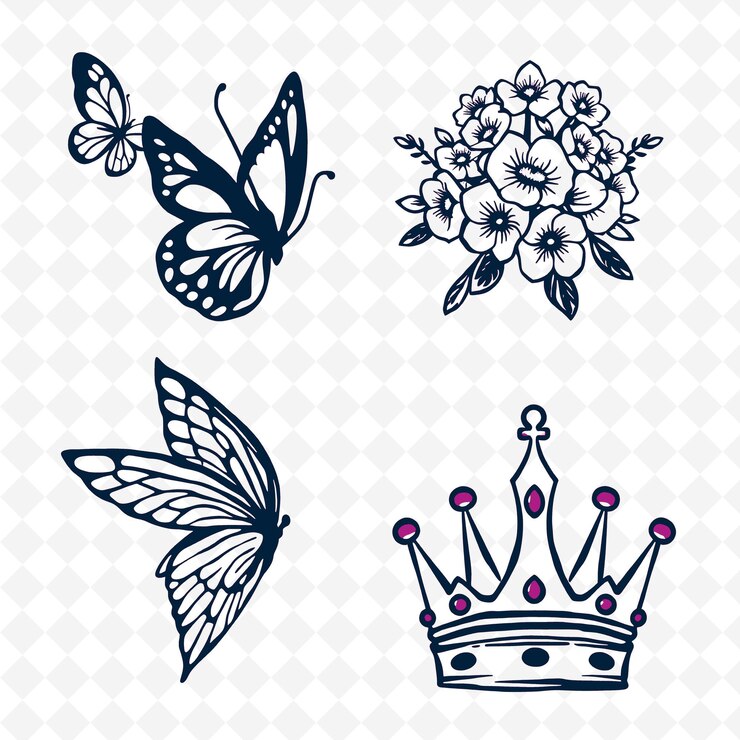 PSD ilustração borboletas flores asas coroas borboletas delicadas fl coloração criativa natureza setu