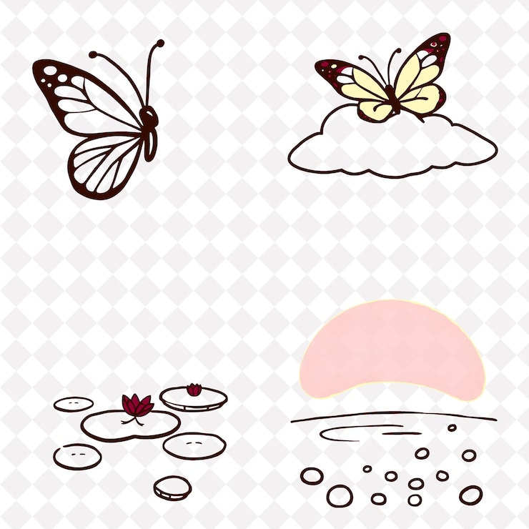 PSD ilustração borboletas nuvens lírios pedes pedras borboletas de asas delicadas
