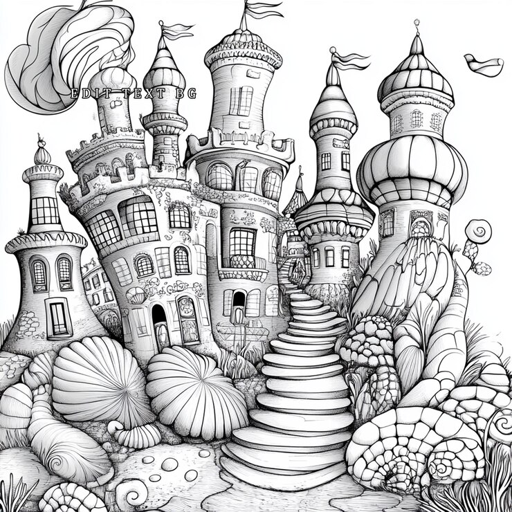 PSD ilustração caprichosa de um castelo de conto de fadas com detalhes intrincados e uma escada sinuosa que leva a ele em frente a uma paisagem fantástica