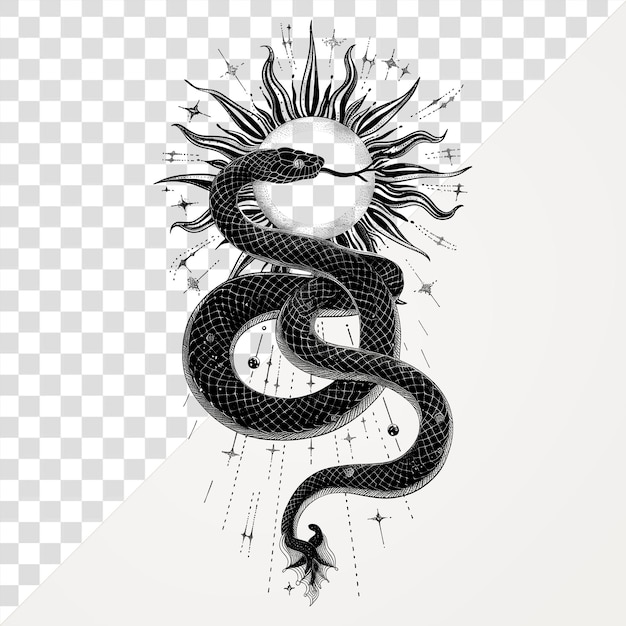 Ilustração celeste de PNG de Cobra com Sol e Raios Cobra cósmico preto