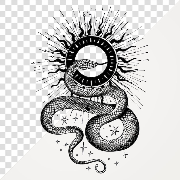 Ilustração celeste de PNG de Cobra com Sol e Raios Cobra preto e branco