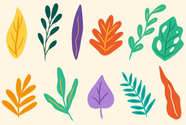 Ilustração colorida de folhas tropicais sobre um fundo amarelo