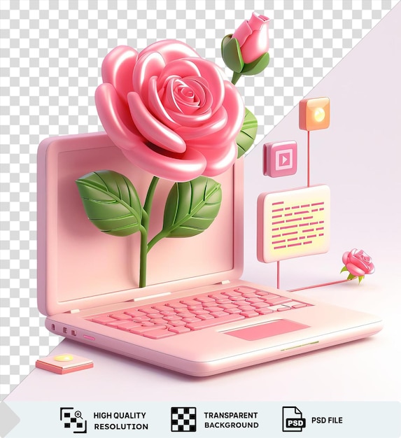 PSD ilustração criativa de uma rosa crescendo a partir de um teclado de laptop rosa simbolizando a tecnologia de beleza natural
