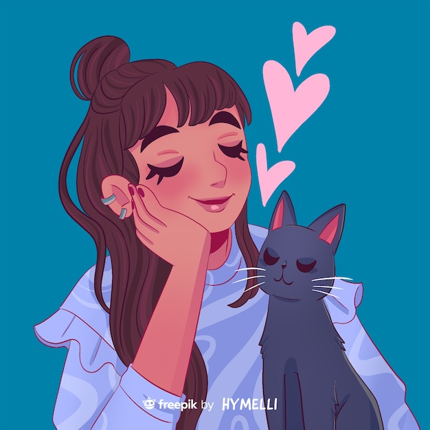 PSD ilustração da celebração do dia dos namorados com mulher e gato