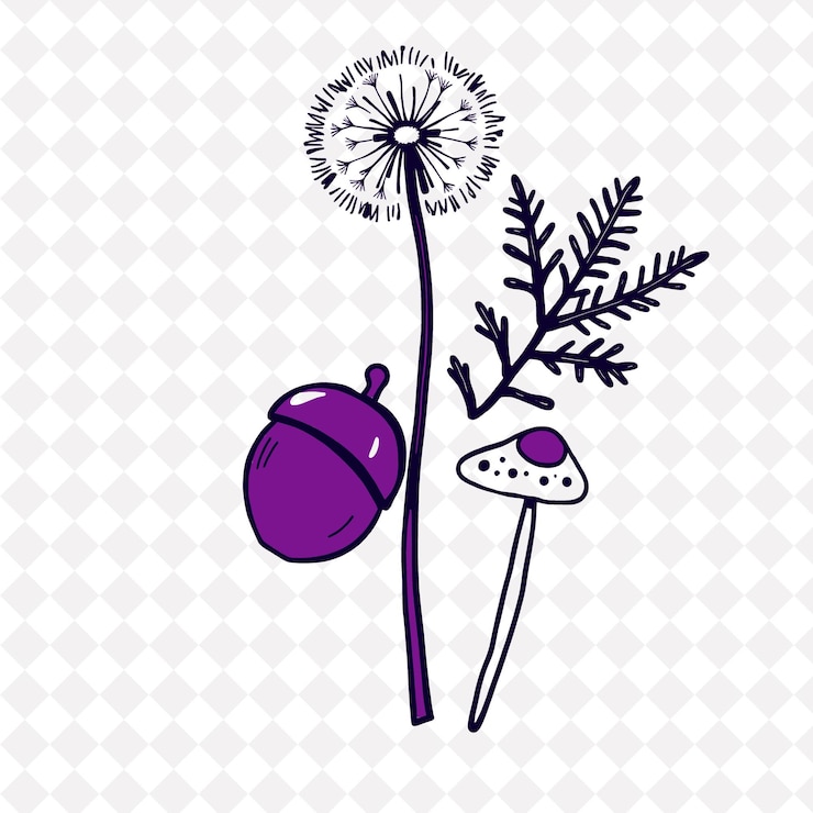PSD ilustração dandelion fern acorn mushroom fluffy dandelion puff with tiny seeds ferns elegantly u
