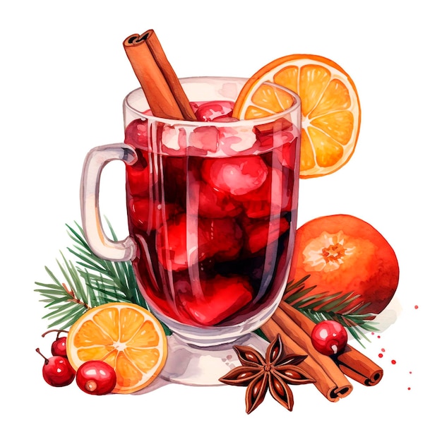 PSD ilustração de aquarela de natal de um copo de vinho quente