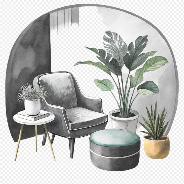 Ilustração de aquarela design de interiores poltrona moderna de meados do século