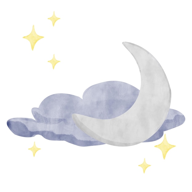 Ilustração de aquarela Previsão do tempo com nuvem azul Lua prateada e estrelas para impressão Web