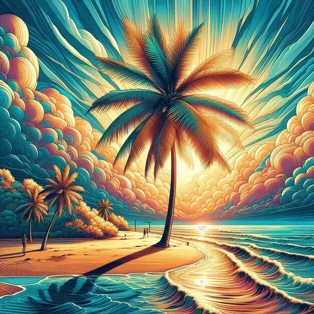 PSD ilustração de arte vetorial hiperrealista palmeira de coco das caraíbas poster de fundo de pôr-do-sol da praia