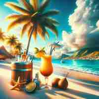 PSD ilustração de arte vetorial hiperrealista palmeira de coco das caraíbas poster de fundo de pôr-do-sol da praia