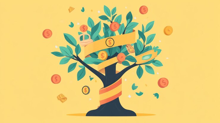 PSD ilustração de árvore de dinheiro com moedas, fita e folhas em fundo amarelo