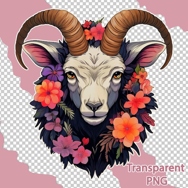 PSD ilustração de cabra floral estética em fundo transparente de arte vetorial colorida
