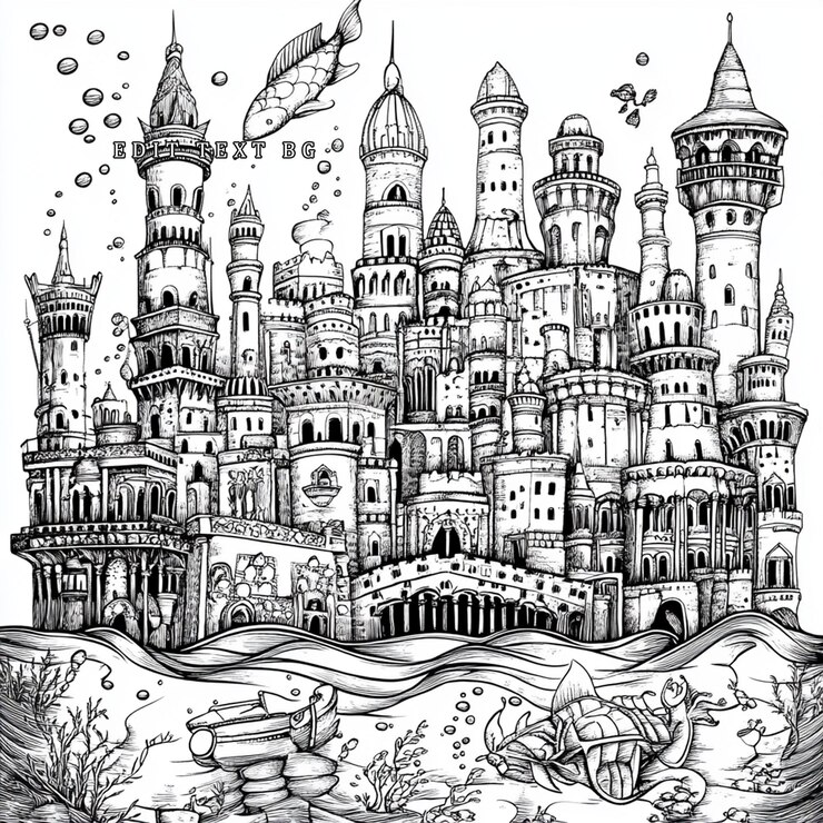 PSD ilustração de castelo de fantasia subaquático detalhes intrincados preto e branco