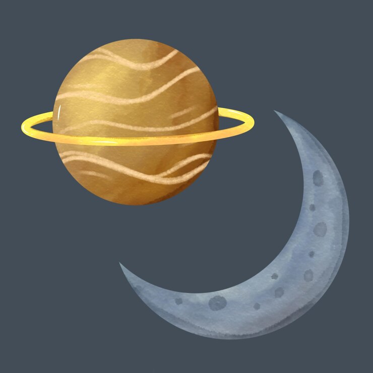 PSD ilustração de clipart em aquarela de dois planetas saturno com anéis e lua crescente