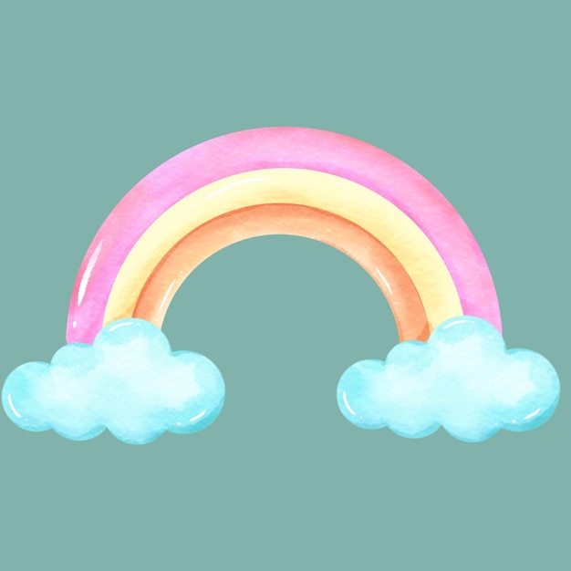 Ilustração de clipart em aquarela de um arco-íris pastel com nuvens azuis nos lados direito e esquerdo