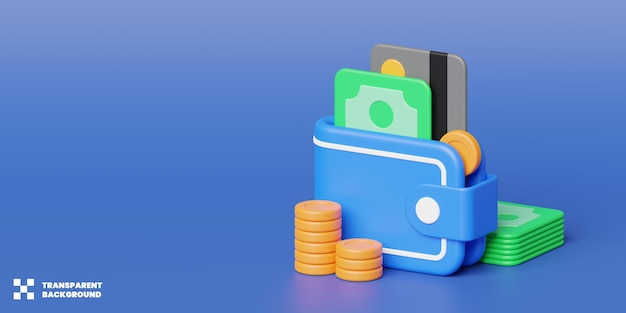 Ilustração de conceito de carteira de finanças com moedas de dinheiro e cartão de crédito em renderização 3D minimalista