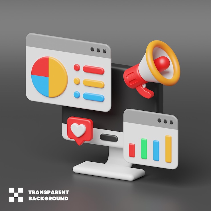 PSD ilustração de conceito de marketing digital com monitor de megafone e gráficos em renderização 3d minimalista