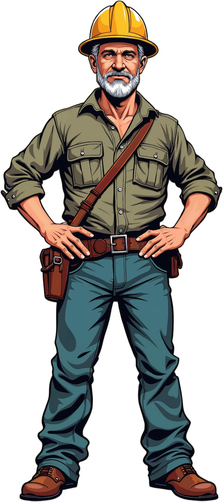 PSD ilustração de desenho animado de um homem vestido como um trabalhador da construção usando um chapéu e um cinto de ferramentas de pé com as mãos nos quadris isolado em fundo transparente