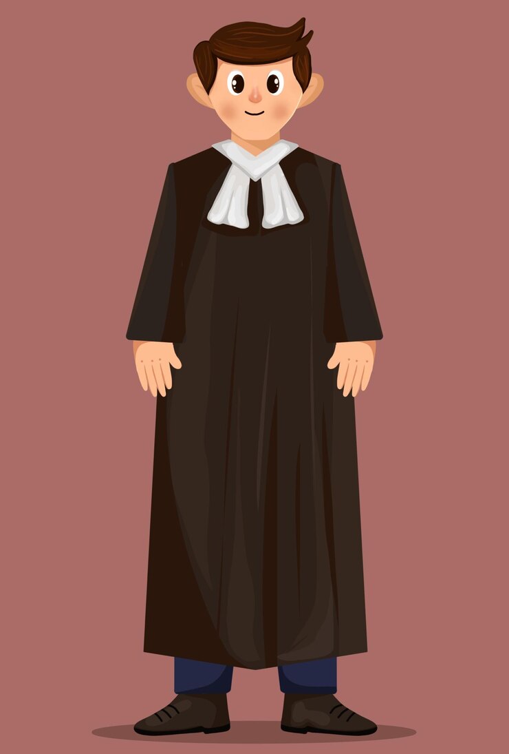 PSD ilustração de desenho animado de um juiz com uma túnica de corte preta em uma pose de pé